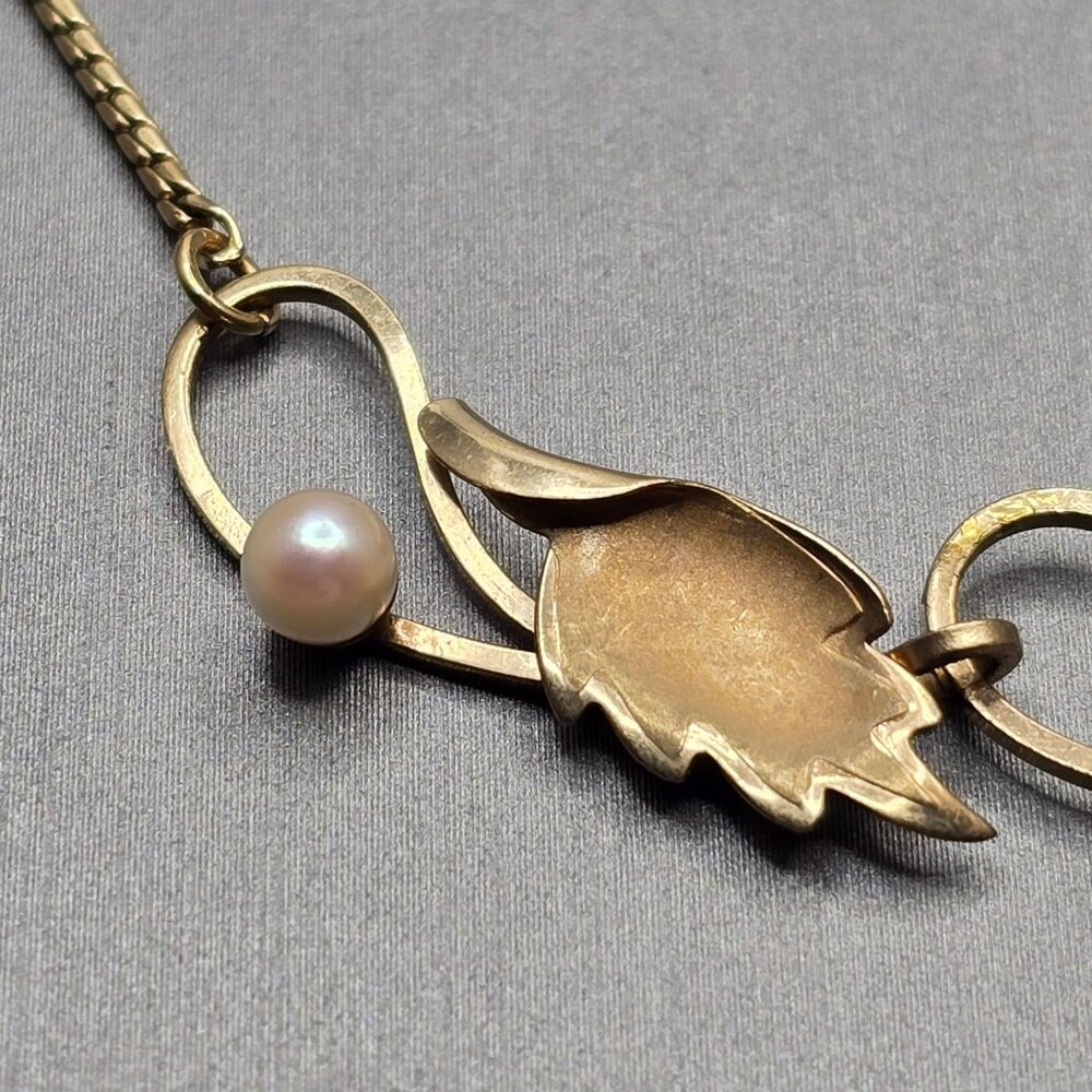 VTG De Curtis DEC 14K Gold Filled Pearl Leaf Choker Necklace 14" Mid‑Century 50s - Picture 6 of 16